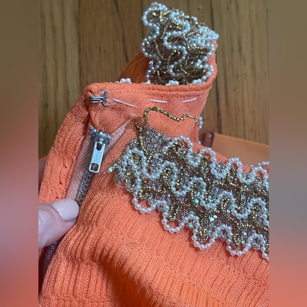 60s-70s Vintage Orange Maxi Dress with Beaded Neckline - Picture 4 of 8